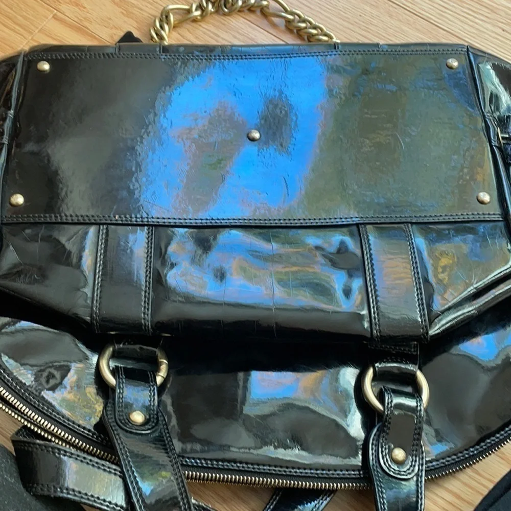 🏆HP🏆 𝅺Authentic EMPORIO ARMANI Crackled Black Patent Bowling Bag w Chains